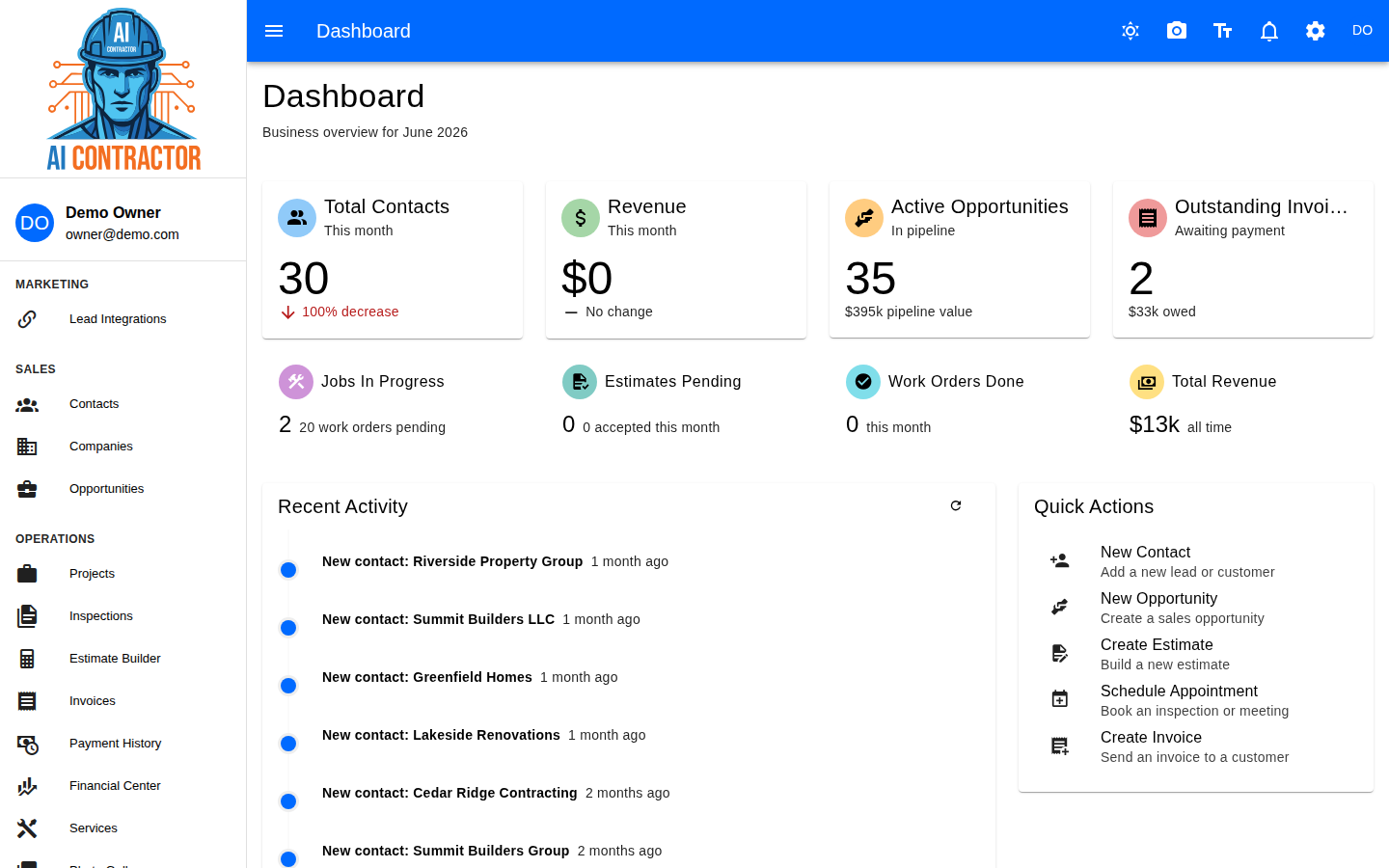 AI Contractor dashboard showing real-time cash flow and pipeline