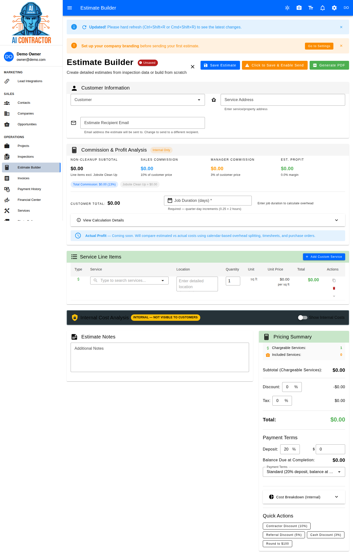 Estimate builder with live commission and profit analysis