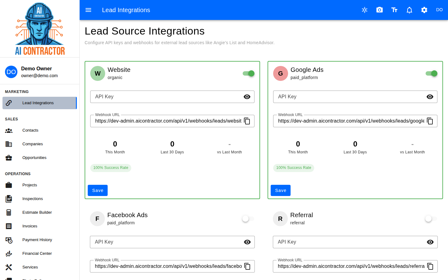 Multi-channel lead capture from Google, Facebook, Angi, referrals and web